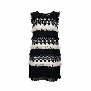 Boston Proper Fringed Textured Lace Sleeveless Tweed Sheath Dress Black Size 12